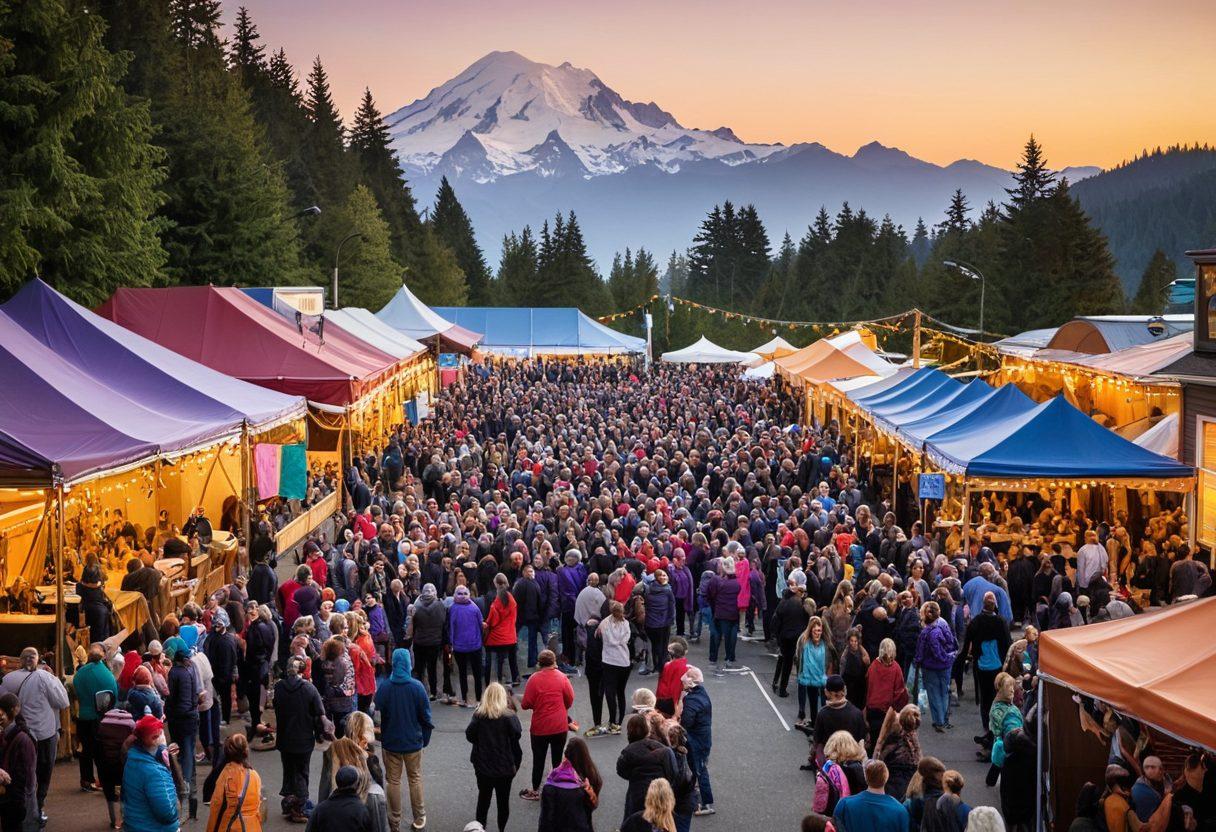 A lively community gathering in a picturesque outdoor setting of Mount Baker, featuring local musicians performing on a small stage surrounded by joyful crowds. Colorful banners and art installations enhance the scene, with people of all ages dancing, enjoying food stalls, and engaging in conversation. The backdrop showcases the stunning Mount Baker landscape at sunset, radiating warm golden and purple hues. super-realistic. vibrant colors. outdoor festival atmosphere.